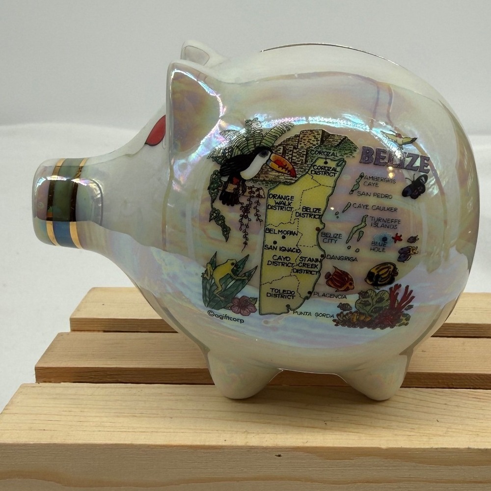 agiftcorp‎ Piggy Bank Small White Iridescent Belize Souvenir Heart Detail